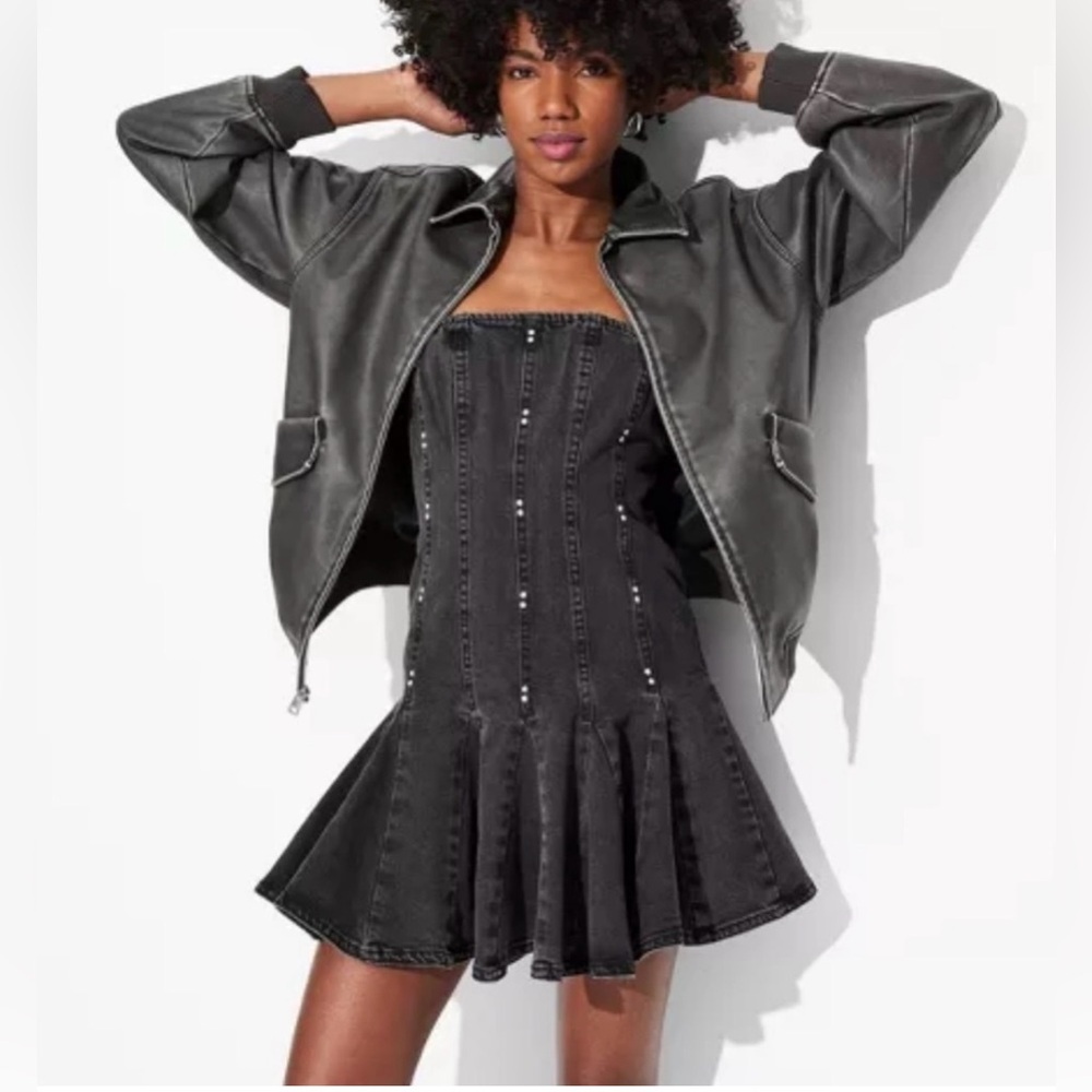 Wild Fable Women’s Denim Pleated Mini A-line Dress Black Goth Grunge Metal NWT